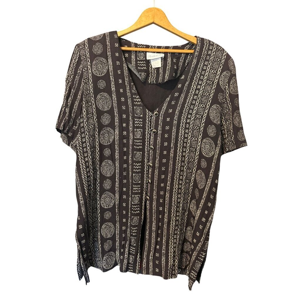Pride & Joy Women's Tunic Top 20W Black White Special Buttons V Neck USA VTG